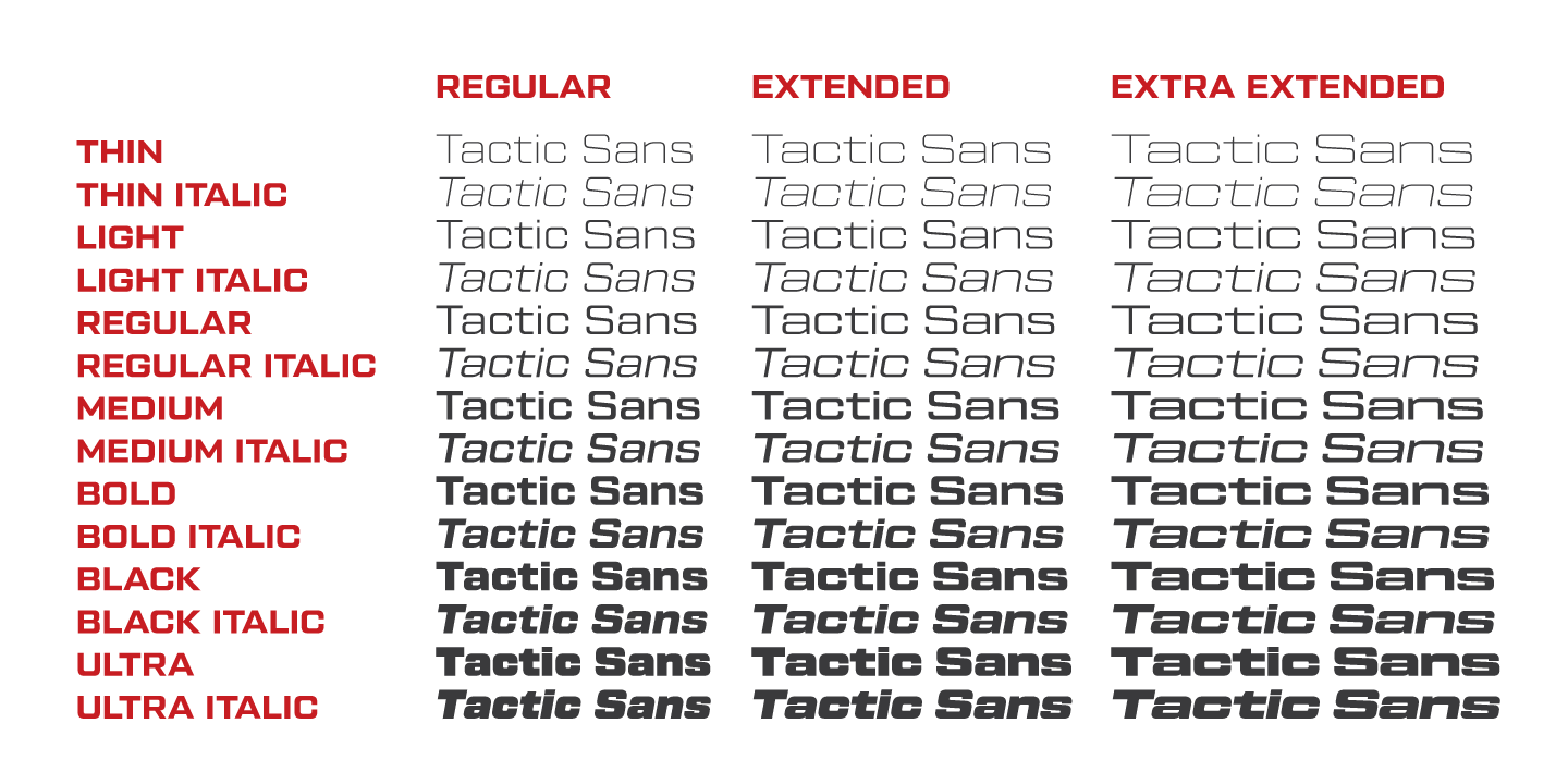 Przykład czcionki Tactic Sans Extended Thin Italic